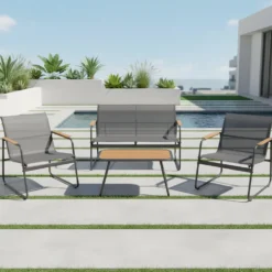 Set da giardino 4 pezzi Struttura in Acciaio Nero, braccioli e Top in Polywood