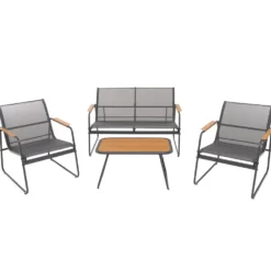 Set da giardino 4 pezzi Struttura in Acciaio Nero, braccioli e Top in Polywood