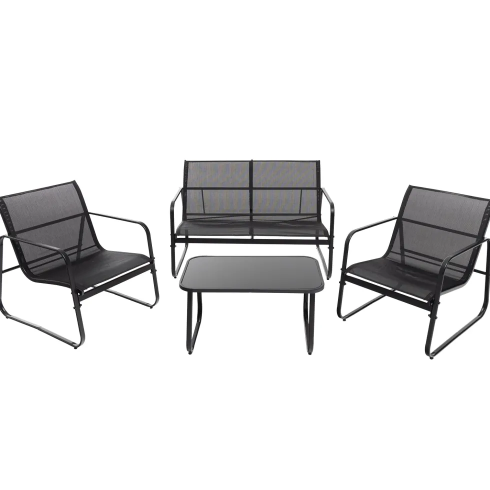Set da giardino 4 pezzi Struttura in Acciaio Nero, braccioli e Top in Vetro