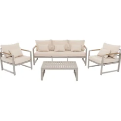 Set da giardino 4 pezzi struttura in alluminio Sabbia e braccioli in Polywood con cuscini Beige