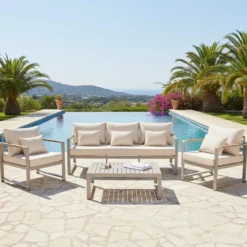 Set da giardino 4 pezzi struttura in alluminio Sabbia e braccioli in Polywood con cuscini Beige