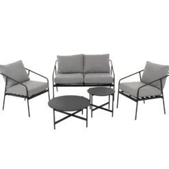 Set da giardino 5 pezzi struttura in acciaio e top tavolini in metallo con cuscini Grigio Scuro