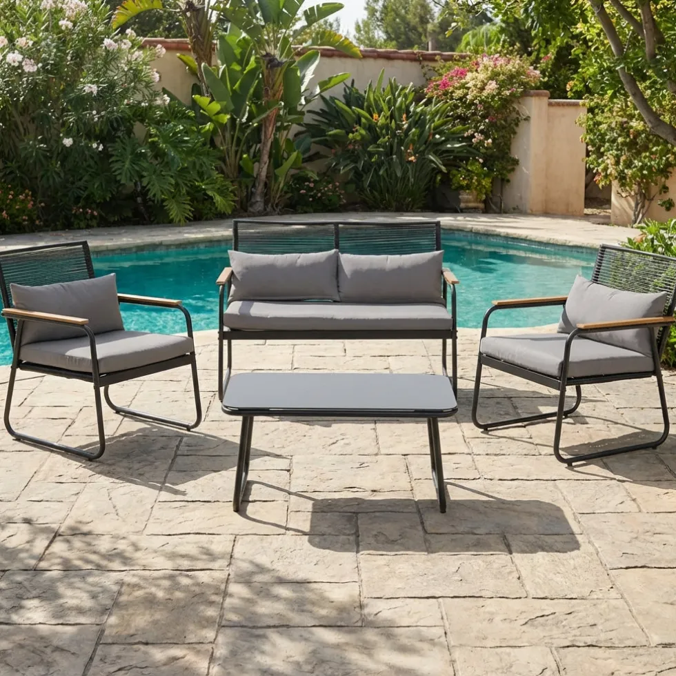 Set da giardino 4 pezzi struttura in acciaio Antracite e braccioli Rattan con cuscini Grigio Scuro