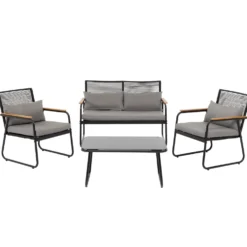 Set da giardino 4 pezzi struttura in acciaio Antracite e braccioli Rattan con cuscini Grigio Scuro