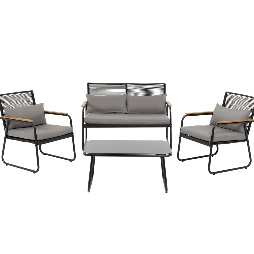 Set da giardino 4 pezzi struttura in acciaio Antracite e braccioli Rattan con cuscini Grigio Scuro