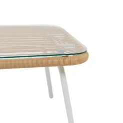 Set da giardino 4 pezzi Struttura in Acciaio Bianca, Schienale in Rattan, Top in vetro e Cuscini Tortora inclusi