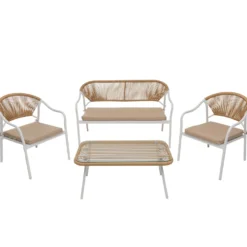 Set da giardino 4 pezzi Struttura in Acciaio Bianca, Schienale in Rattan, Top in vetro e Cuscini Tortora inclusi