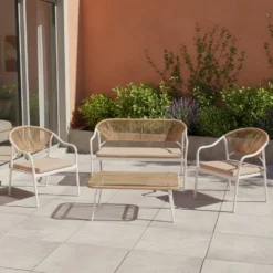 Set da giardino 4 pezzi Struttura in Acciaio Bianca, Schienale in Rattan, Top in vetro e Cuscini Tortora inclusi
