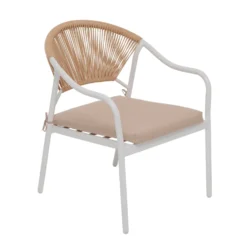 Set da giardino 4 pezzi Struttura in Acciaio Bianca, Schienale in Rattan, Top in vetro e Cuscini Tortora inclusi
