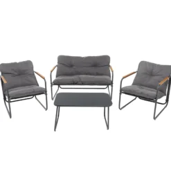 Set da giardino 4 pezzi Struttura in Acciaio Antracite, braccioli in Polywood e Top in vetro e Cuscini Antracite inclusi
