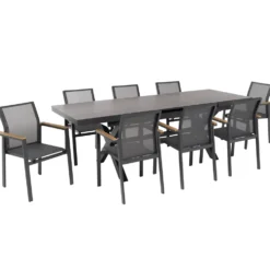 Set da giardino 9 pezzi Tavolo Estensibile con 8 Sedie struttura in alluminio Antracite e braccioli in Polywood