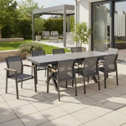 Set da giardino 9 pezzi Tavolo Estensibile con 8 Sedie struttura in alluminio Antracite e braccioli in Polywood