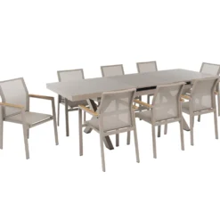 Set da giardino 9 pezzi Tavolo Estensibile con 8 Sedie struttura in alluminio Tortora e braccioli in Polywood