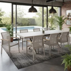 Set da giardino 9 pezzi Tavolo Estensibile con 8 Sedie struttura in alluminio Tortora e braccioli in Polywood