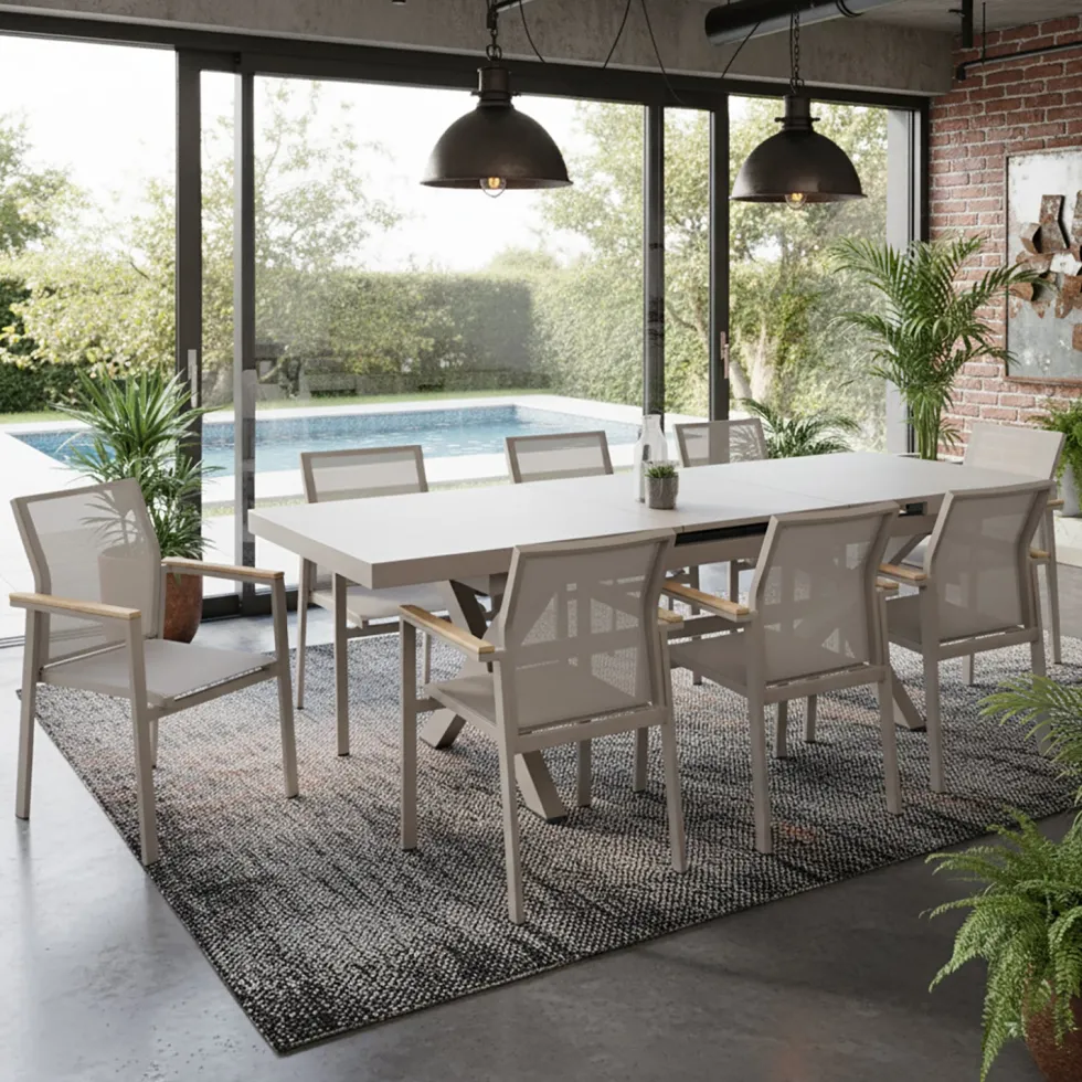 Set da giardino 9 pezzi Tavolo Estensibile con 8 Sedie struttura in alluminio Tortora e braccioli in Polywood