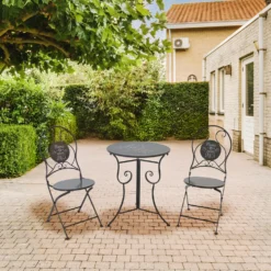 Set giardino Bistrot ''Home is my favorite Space'' tavolo rotondo 60 cm e 2 sedie in metallo Grigio