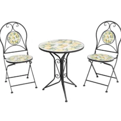 Set giardino Bistrot tavolo rotondo 60 cm e 2 sedie in metallo Nero e Top in ceramica Effetto Mosaico Lemons