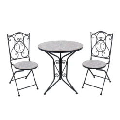 Set giardino Bistrot tavolo rotondo 60 cm e 2 sedie in metallo Nero e Top in ceramica Effetto Mosaico