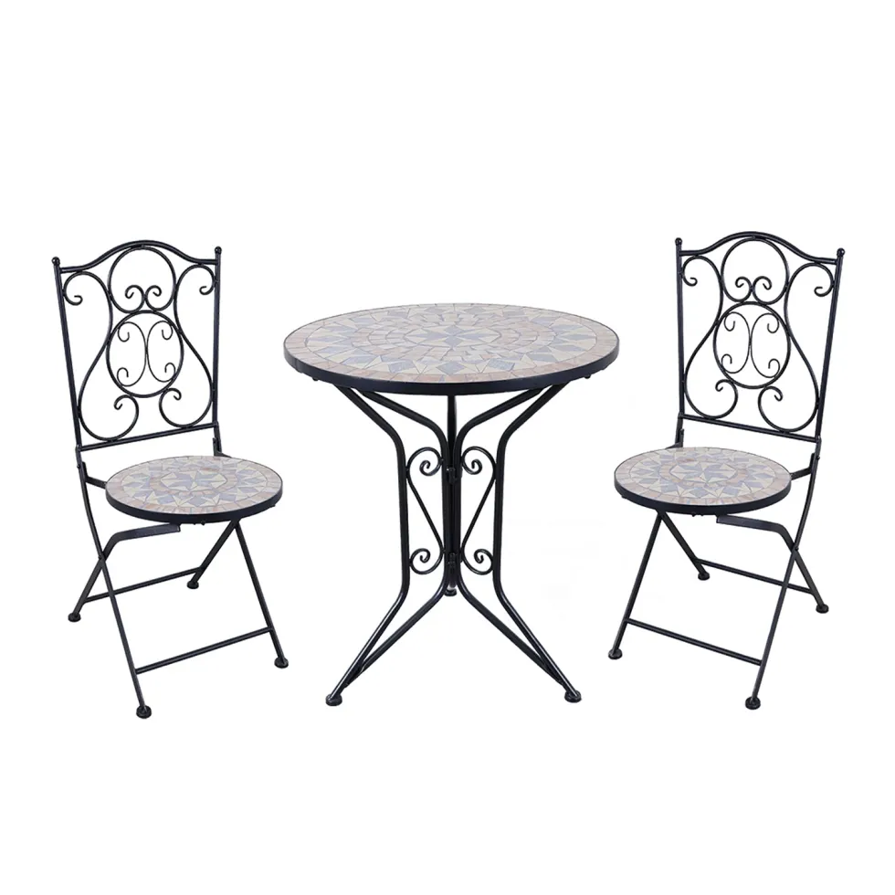 Set giardino Bistrot tavolo rotondo 60 cm e 2 sedie in metallo Nero e Top in ceramica Effetto Mosaico