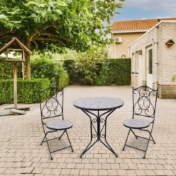 Set giardino Bistrot tavolo rotondo 60 cm e 2 sedie in metallo Nero e Top in ceramica Effetto Mosaico