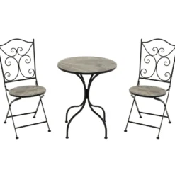Set giardino Bistrot tavolo rotondo 60 cm e 2 sedie in metallo Nero e Top in ceramica Effetto Marmo Grigio