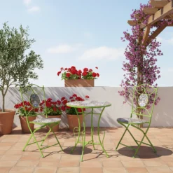 Set giardino Bistrot Tavolo rotondo 60 cm e 2 sedie richiudibili in metallo Verde con Top in Ceramica Effetto Mosaico