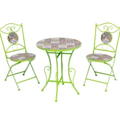 Set giardino Bistrot Tavolo rotondo 60 cm e 2 sedie richiudibili in metallo Verde con Top in Ceramica Effetto Mosaico