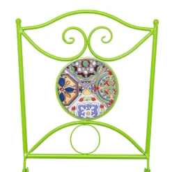 Set giardino Bistrot Tavolo rotondo 60 cm e 2 sedie richiudibili in metallo Verde con Top in Ceramica Effetto Mosaico