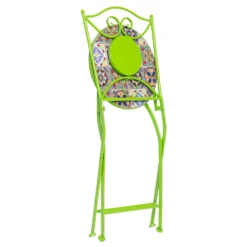 Set giardino Bistrot Tavolo rotondo 60 cm e 2 sedie richiudibili in metallo Verde con Top in Ceramica Effetto Mosaico