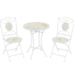 Set giardino Bistrot tavolo rotondo 60 cm e 2 sedie in metallo Bianco e Top in ceramica Effetto Marmo Bianco