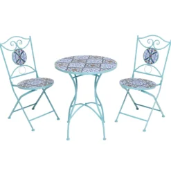 Set giardino Bistrot Tavolo rotondo 60 cm e 2 sedie richiudibili in metallo Celeste con Top in Ceramica Effetto Mosaico
