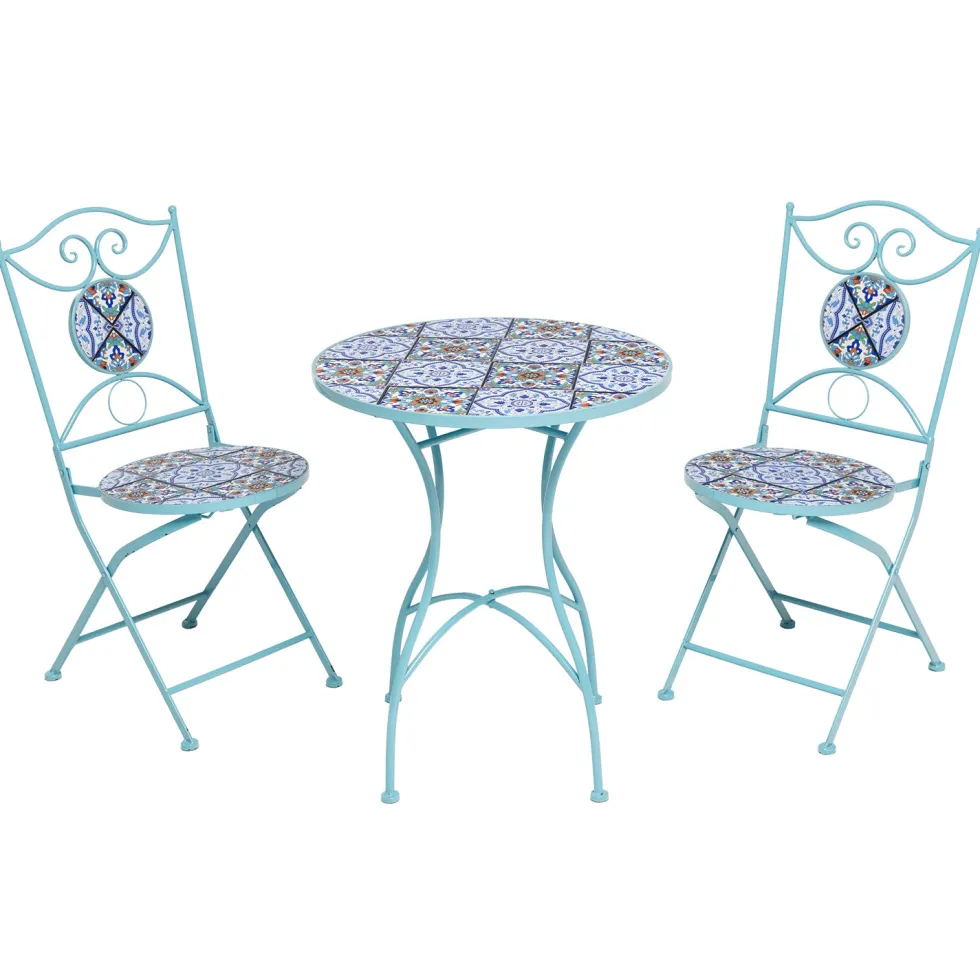 Set giardino Bistrot Tavolo rotondo 60 cm e 2 sedie richiudibili in metallo Celeste con Top in Ceramica Effetto Mosaico
