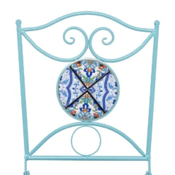 Set giardino Bistrot Tavolo rotondo 60 cm e 2 sedie richiudibili in metallo Celeste con Top in Ceramica Effetto Mosaico