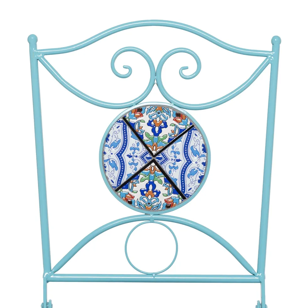 Set giardino Bistrot Tavolo rotondo 60 cm e 2 sedie richiudibili in metallo Celeste con Top in Ceramica Effetto Mosaico