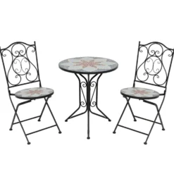 Set giardino Bistrot tavolo rotondo 60 cm e 2 sedie in metallo Nero e Top in ceramica Effetto Mosaico