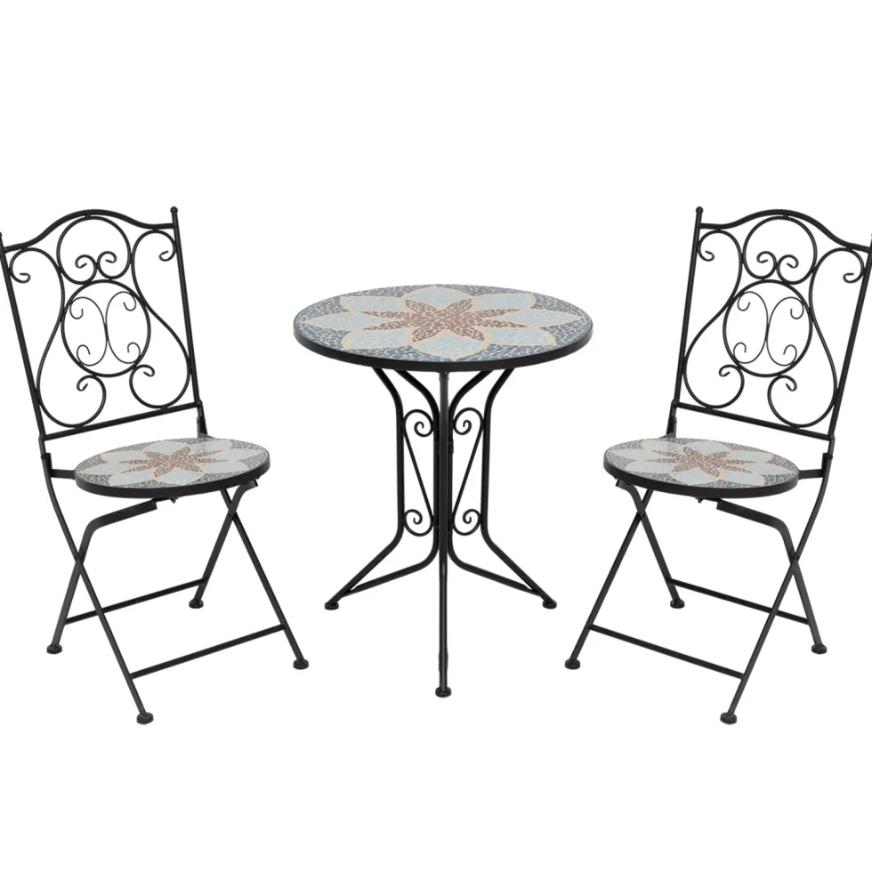 Set giardino Bistrot tavolo rotondo 60 cm e 2 sedie in metallo Nero e Top in ceramica Effetto Mosaico