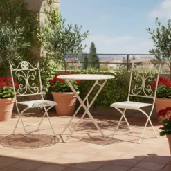 Set giardino Bistrot Tavolo rotondo 70 cm e 2 sedie pieghevoli in metallo Bianco Design Liberty