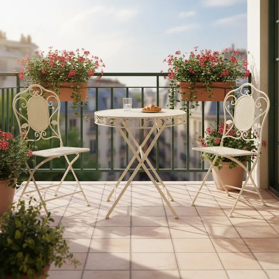 Set giardino Bistrot Tavolo rotondo 70 cm e 2 sedie richiudibili in metallo Crema Design Liberty
