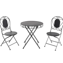 Set giardino Bistrot Tavolo rotondo 70 cm e 2 sedie richiudibili in metallo Nero Design Liberty