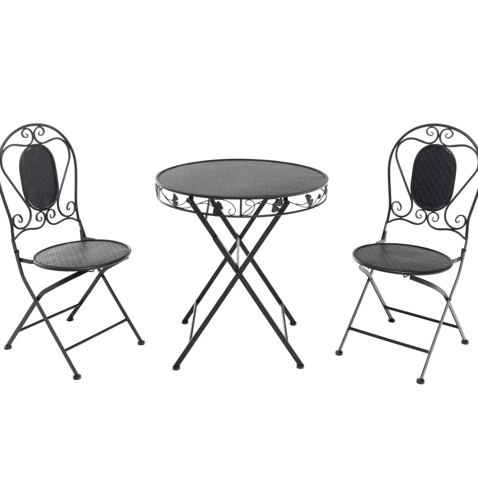 Set giardino Bistrot Tavolo rotondo 70 cm e 2 sedie richiudibili in metallo Nero Design Liberty