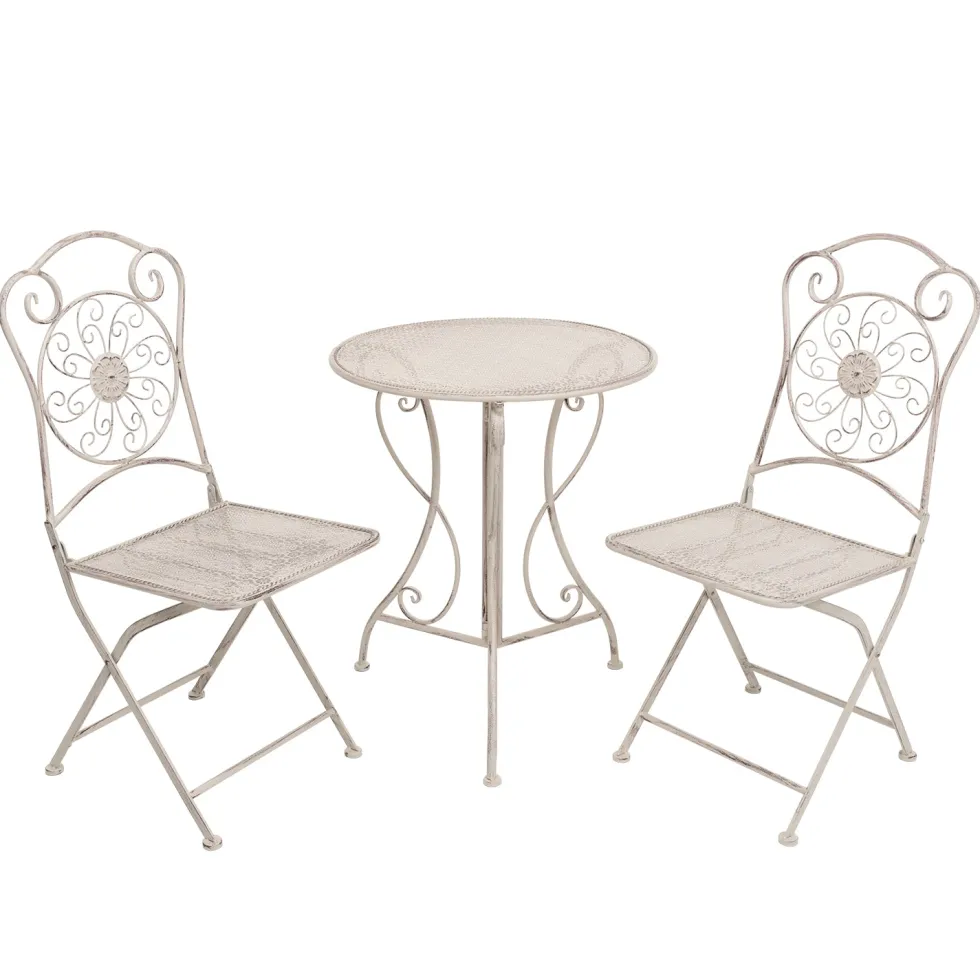 Set giardino Bistrot Tavolo rotondo 60 cm e 2 sedie richiudibili in metallo Bianco Decapato
