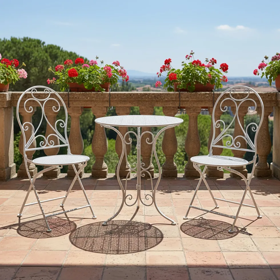 Set giardino Bistrot Tavolo rotondo 60 cm e 2 sedie richiudibili in metallo Bianco Design Liberty