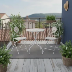 Set giardino Bistrot tavolo rotondo 60 cm e 2 sedie in metallo Bianco e Top in ceramica decorata con motivi floreali