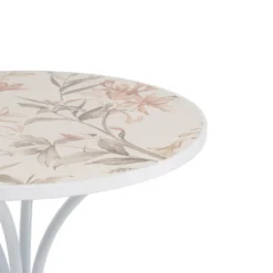 Set giardino Bistrot tavolo rotondo 60 cm e 2 sedie in metallo Bianco e Top in ceramica decorata con motivi floreali