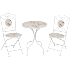 Set giardino Bistrot tavolo rotondo 60 cm e 2 sedie in metallo Bianco e Top in ceramica decorata con motivi floreali