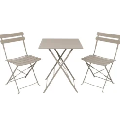 Set giardino Bistrot tavolo 60x60 cm e 2 sedie pieghevoli in acciaio Tortora