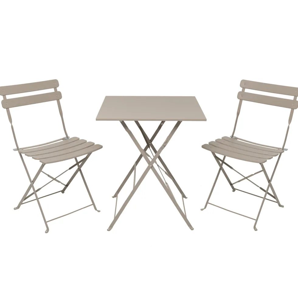 Set giardino Bistrot tavolo 60x60 cm e 2 sedie pieghevoli in acciaio Tortora