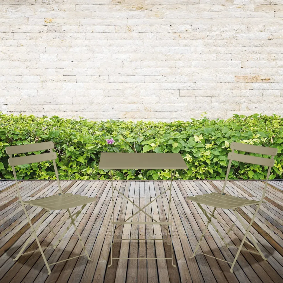 Set giardino Bistrot tavolo 60x60 cm e 2 sedie pieghevoli in acciaio Tortora