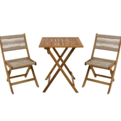 Set giardino tavolo pieghevole 60x55 cm e 2 sedie pieghevoli in legno con seduta in corda di poliestere intrecciata