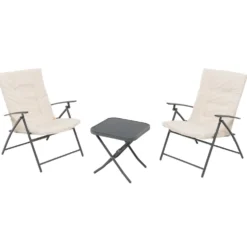 Set giardino Tavolo 45x45 cm e 2 sedie in acciaio Antracite Richiudibili con Cuscini Ècru